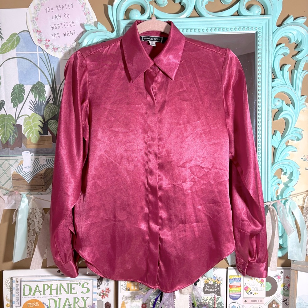 Halston Pink Long Sleeve Satin Button Down Blouse Top Women’s 6P Petite Holiday